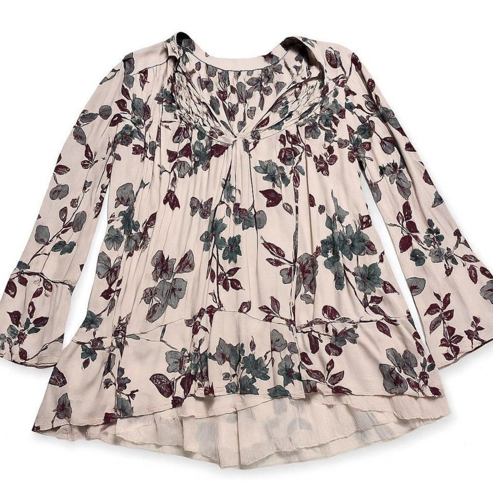 Free People Floral‎ Boho Tunic Blouse XS – Long Sleeve Smocked V-Neck – Layered